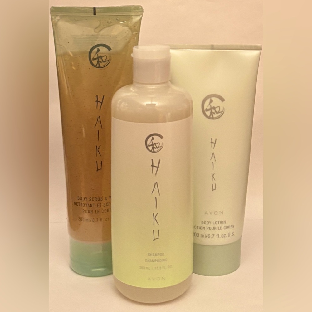 Avon Haiku body scrub & wash with fragranced shampoo + body lotion